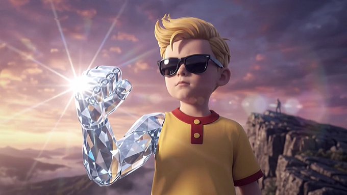 A stylized animated boy in sunglasses stands on a cliff at sunset, holding a large faceted crystal that emits a bright lens flare.