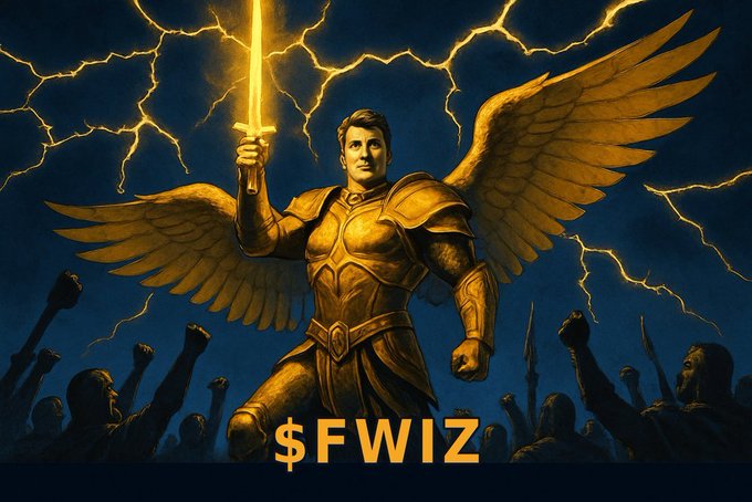 An illustrated depiction of a golden armored angel with large wings wielding a glowing sword against a stormy sky, with the '$FWIZ' ticker displayed prominently at the bottom.
