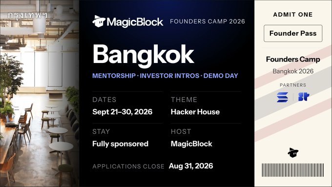 A promotional ticket-style graphic for "MagicBlock FOUNDERS CAMP 2026" in Bangkok, advertising Mentorship, Investor Intros, and Demo Day from Sept 21-30, 2026, with a "Hacker House" theme and fully sponsored stay, with a Founder Pass admit one on the right.