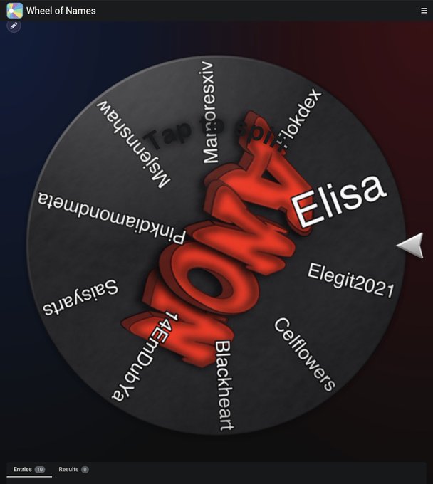 A "Wheel of Names" spinner displaying "WOW" in large red 3D text across the center, with various usernames around the wheel and "Elisa" appearing as the current selection.