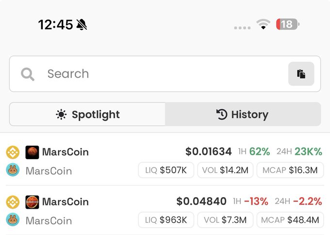 The image shows a crypto tracking app displaying two separate "MarsCoin" tokens trading at drastically different prices ($0.01634 and $0.04840), a reference to the proliferation of copycat and scam coins named after influential crypto figures like Binance's CZ, who is tagged in the accompanying post expressing disbelief at the number of fake tokens being created in his name.