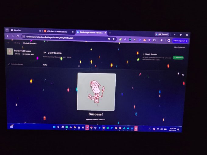 A computer screen displaying the OpenSea collection page for Bullfrogs Broken, showing a successful upload of an NFT titled "Success! Your drop has been published" featuring a pink cartoon frog character.