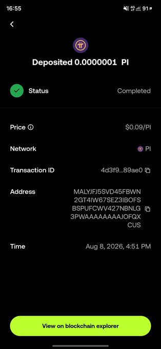 A mobile screenshot confirms a completed deposit of 0.0000001 PI (priced at $0.09/PI) via the Pi Network, displaying the transaction ID "4d3f9...89ae0" and the matching wallet address "MALYJFJ5SVD45FBWN2GT4IW67SEZ3IBOFSBSPUFCWV427NBNLG3PWAAAAAAAAJOFGXCUS" at Aug 8, 2026, 4:51 PM—verifying the microtransaction the poster claims to have received.