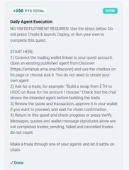 The image shows a "Daily Agent Execution" quest task with a +100 PTS total reward, requiring users to not be terminated and to complete specific steps like connecting their agent wallet, verifying agent status via Twitter and Discord, mentioning @Cheddr_net, and posting on X/Discord for bonus points. This relates to the accompanying post about Amadeus Protocol's TGE and Airdrop, where completing more quests earns more points toward the upcoming token generation event.