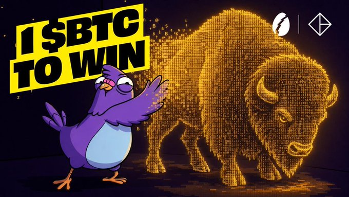 A digital graphic features a purple bird character pointing at a golden, pixelated bull, with the text "1 $BTC TO WIN" and Lightning and Ethereum logos in the corner.