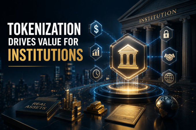 A digital graphic features the text "TOKENIZATION DRIVES VALUE FOR INSTITUTIONS" alongside a glowing central hexagon displaying a bank icon, connected to smaller icons representing currency, growth, security, and global reach, with "REAL ASSETS" visible in the foreground. The image visually reinforces the post's message that asset tokenization must prioritize economic efficiency and tangible value creation for financial institutions rather than focusing solely on technological innovation.