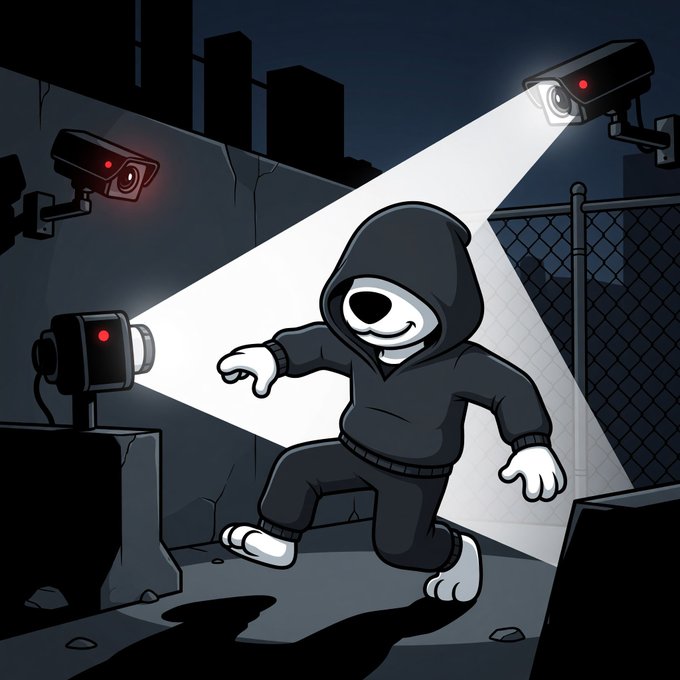A cartoon dog, dressed in a hoodie, evades surveillance cameras in a dark, urban alleyway, embodying the spirit of resistance with the ticker $REDO.