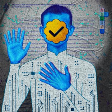 A blue-toned illustration of a person with circuit board patterns on their body, featuring a flower with a checkmark replacing their face and one hand raised, set against a crumpled paper background with digital graphics.