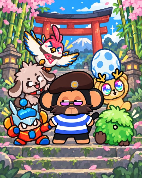 A colorful cartoon illustration featuring various cute characters including a pink dog, a monkey, an owl, and others posing together in front of a Japanese torii gate and Mount Fuji.