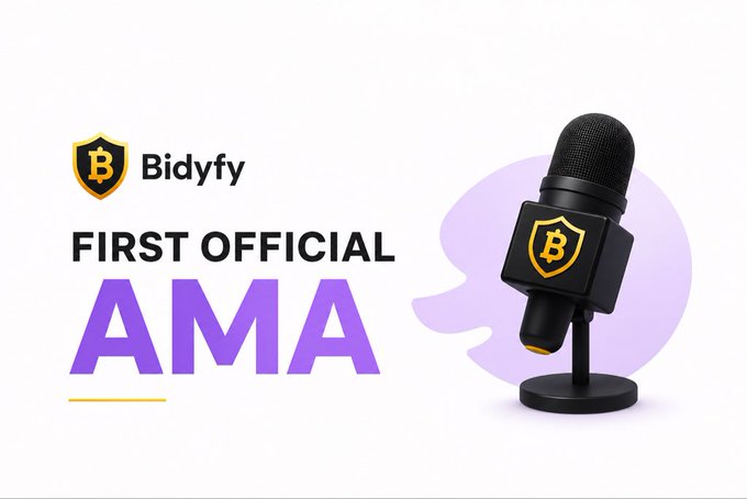 A promotional banner for 'Bidyfy FIRST OFFICIAL AMA' featuring a microphone with the Bidfy shield logo.