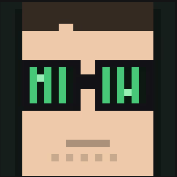 A pixel art character portrait showing a face with green glasses featuring the Bitcoin 'B' symbol, brown hair, and a neutral expression against a dark background.
