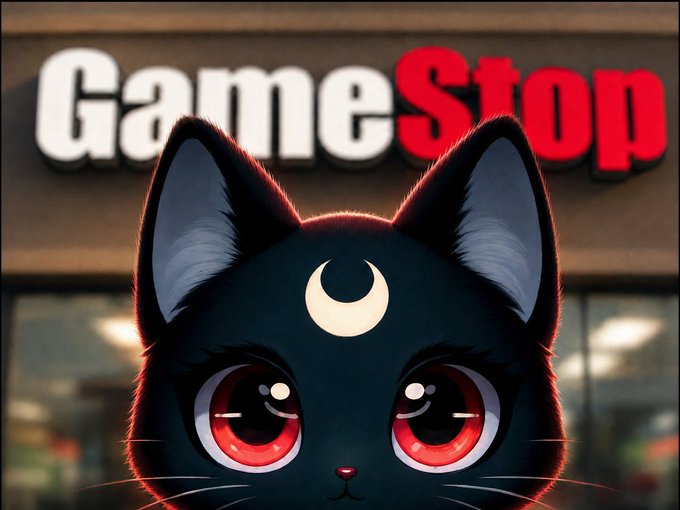 An anime-style black cat with large red eyes and a crescent moon symbol on its forehead is positioned in front of a 'GameStop' storefront sign.