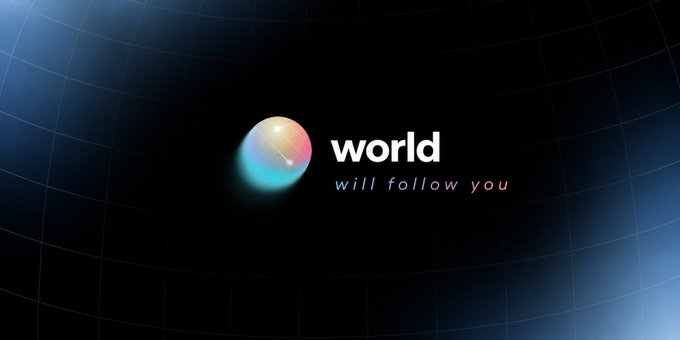 A dark minimalist graphic featuring a small iridescent sphere with subtle grid lines in the background, accompanied by the text "world will follow you." The design reflects the Worldcoin (WLD) branding mentioned in the post, visually representing the "world will follow you" tagline tied to the project's identity and airdrop promotion.