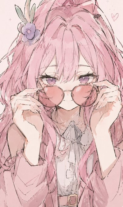A digital illustration of an anime-style girl with long pink hair, holding round pink sunglasses, featuring a small purple flower accessory in her hair.