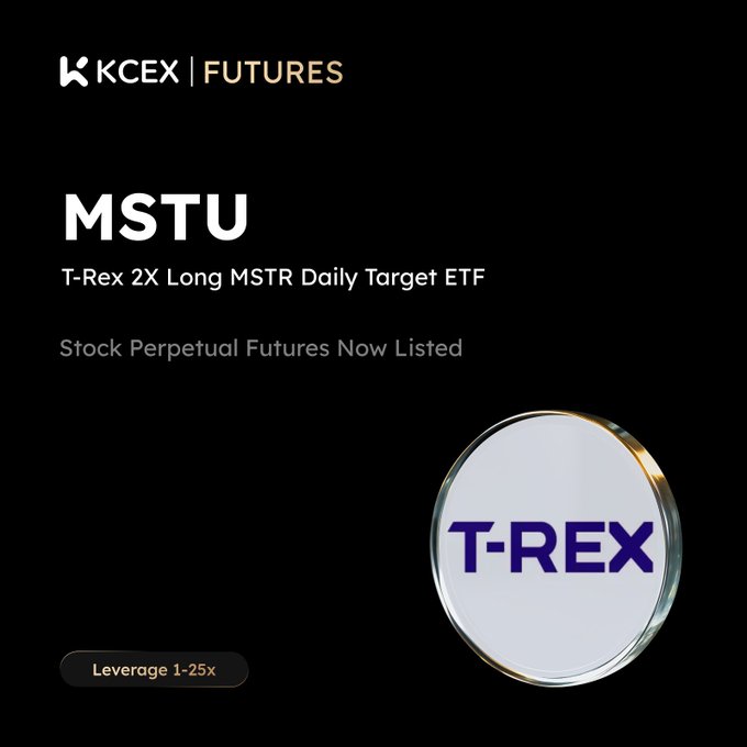 A promotional graphic for KCEX Futures announcing "MSTU - T-Rex 2X Long MSTR Daily Target ETF" as a Stock Perpetual Futures Now Listed, featuring the T-REX logo with Leverage 1-25x.