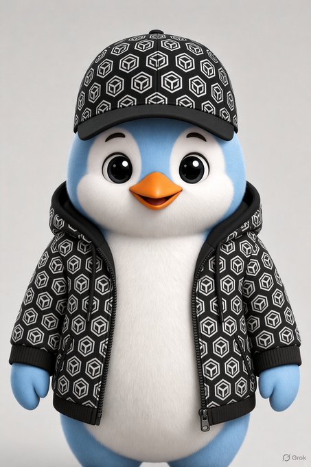 An adorable plush penguin character sports a stylish black cap and hoodie featuring geometric cube logos, with the Grok signature visible in the corner. The trendy and approachable mascot visualizes the post's message about Nucleus's forward-thinking approach to Web3 reputation—matching its cool, modern streetwear aesthetic with the idea of measuring live contributions to create more accurate, dynamic distribution than outdated static metrics.