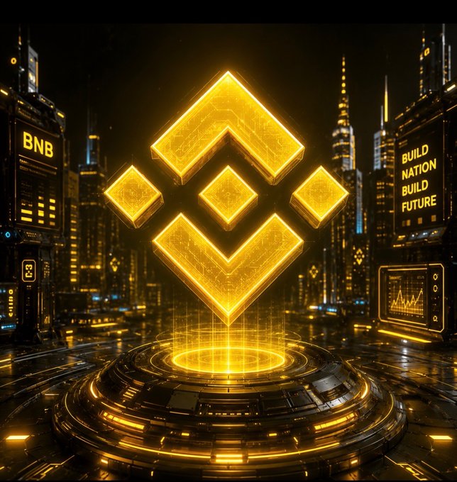 A glowing golden BNB logo is displayed on a futuristic platform, surrounded by neon city skylines and digital screens reading "BNB" and "BUILD NATION BUILD FUTURE." The image evokes the launch of BNB Chain's new Layer-1 blockchain, symbolizing technological advancement and the network's ambition toward high-speed transactions and scalability.