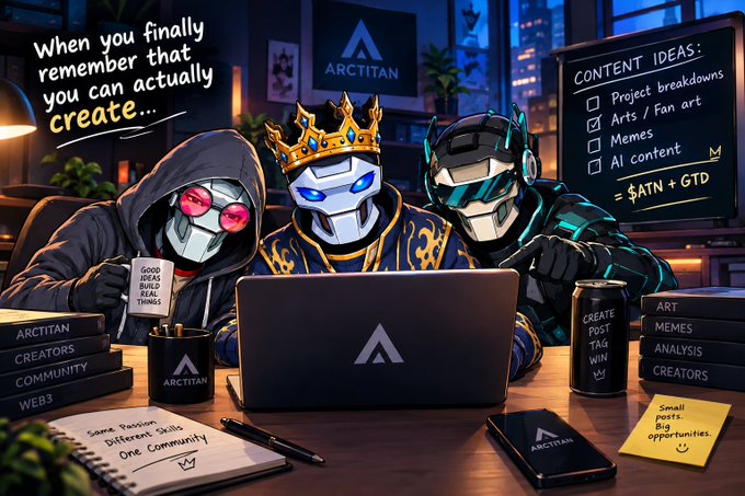 A colorful illustration of three robotic characters sitting at a desk with a laptop and coffee mug, captioned 'When you finally remember that you can actually create...' with the 'ARCTITAN' logo and a whiteboard listing content ideas like Project breakdowns, Arts/Fan art, Memes, and AI content.