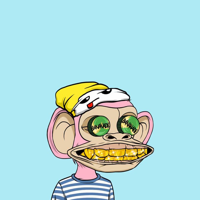 A digital illustration of a cartoon monkey with pink skin, wearing a striped shirt and a hat, features large gold teeth and green sunglasses reading 'BANANA VIBE'.
