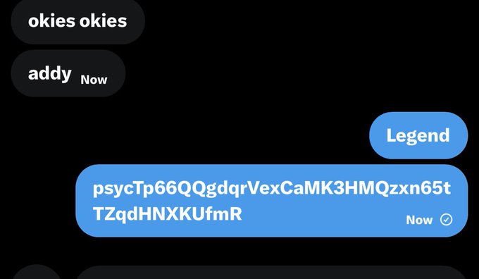 A chat screenshot with messages including 'okies okies', 'addy Now', 'Legend', and a long random string labeled 'Now'.