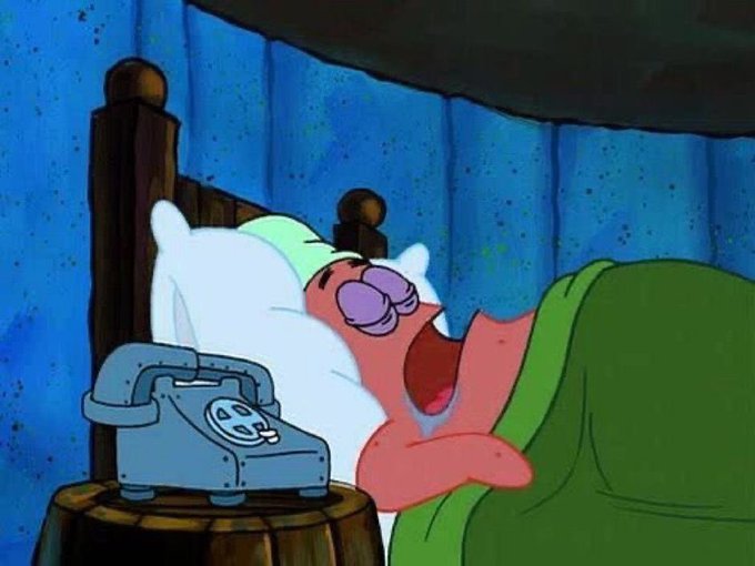 Patrick Star sleeps soundly in bed beside a blue rotary phone, blissfully undisturbed by the morning hour. The image humorously contrasts with the post's call to action about $300 weekend plans, suggesting a lazy Saturday vibe where one is too cozy to even answer the phone.