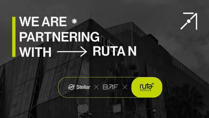 A promotional graphic announces a partnership with the text 'WE ARE * PARTNERING WITH → RUTA N' featuring logos for Stellar, BAFF, and ruta medellin against a dark architectural background.