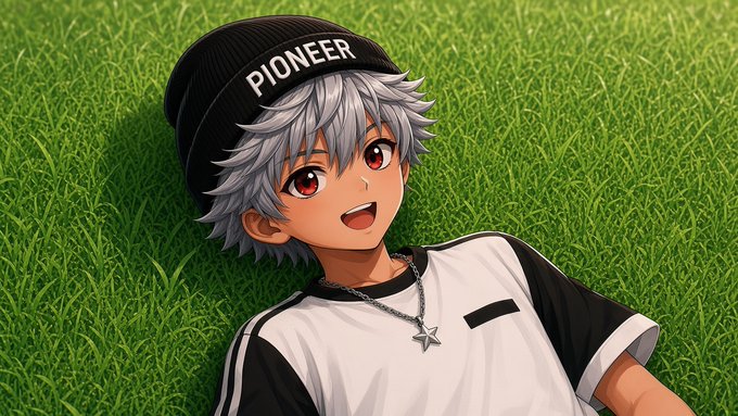 An anime-style illustration of a silver-haired character wearing a black 'PIONEER' beanie and white shirt lying on green grass.