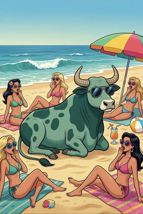 A cartoon bull wearing sunglasses lounges on a beach surrounded by sunbathing women in bikinis under a colorful umbrella. The image visually plays on the phrase "rug pull" by depicting literal bull excrement on the sand, humorously illustrating the post's message that rug pulls in crypto are nothing but "Bull Chip" (bullshit).