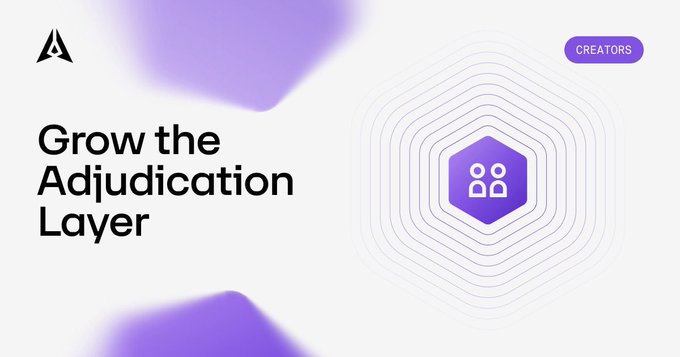The image displays a promotional graphic with the text "Grow the Adjudication Layer" alongside a purple hexagonal icon featuring two figures, representing GenLayer's approach to using multiple AI validators to reach consensus on conclusions—visually reinforcing the post's message about decentralized AI judgment rather than relying on a single AI's final word.