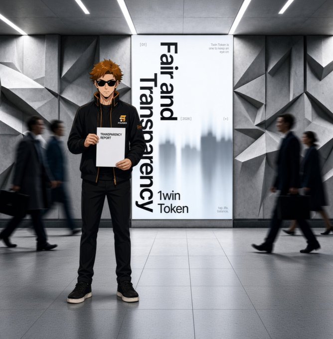 A young man wearing sunglasses and dark clothing stands confidently in a modern corridor holding a "TRANSPARENCY REPORT," positioned in front of a large poster displaying "Fair and Transparency 1win Token," visually reinforcing the post's message of emphasizing verifiable activity, real utility, and revenue-backed buybacks.
