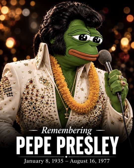 A green Pepe the Frog character styled as Elvis Presley holds a microphone while wearing a rhinestone-studded white jumpsuit and a yellow lei. The memorial text reads: 'Remembering PEPE PRESLEY, January 8, 1935 – August 16, 1977.'