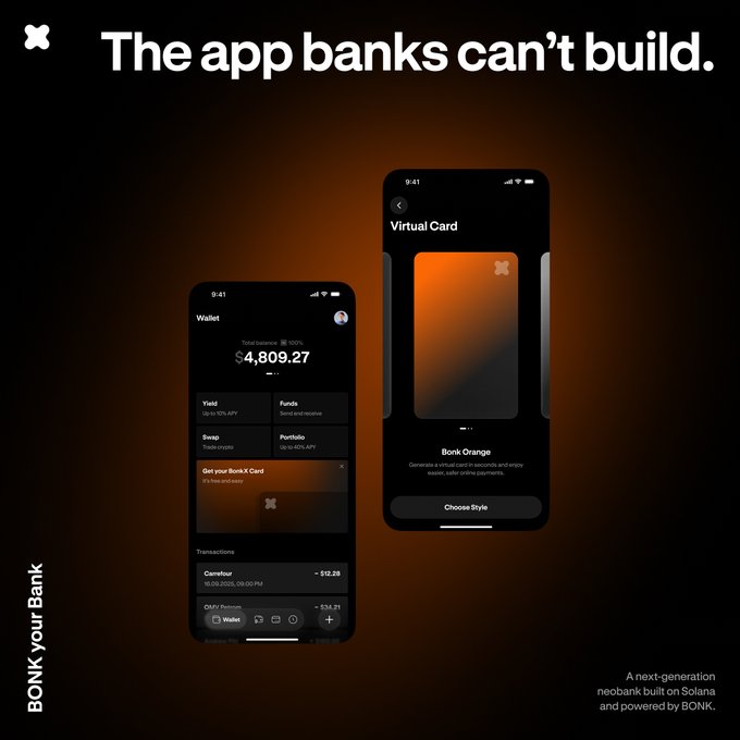 A promotional graphic for "BONK Orange" neobank, with the headline "The app banks can't build," showcasing two iPhone mockups displaying a digital wallet and a virtual card interface built on Solana.
