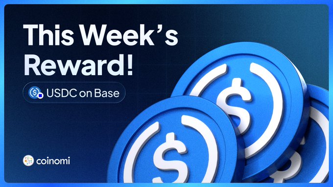 A promotional graphic from Coinomi advertising 'This Week's Reward!' featuring USDC on Base, displayed alongside blue USDC token imagery.