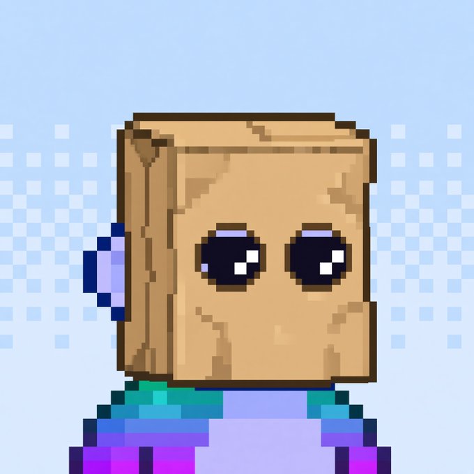 A pixel art illustration depicts a character with a brown paper bag over its head, featuring large, expressive eyes and a small mouth, wearing a teal and purple outfit, set against a light blue background with a subtle checkered pattern. The bagged-head character humorously embodies the anonymous, meme-like sentiment of the post, which describes a cycle of buying $ZCAT to earn $ZEC and then selling $ZEC to buy more $ZCAT, with the playful sign-off "Bagged up mfers" directly referencing the character's concealed identity.