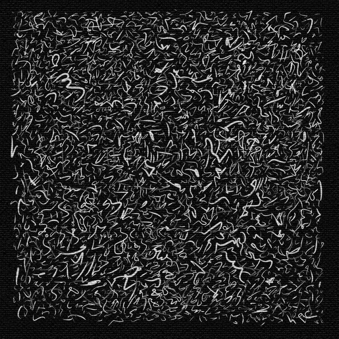 An abstract painting consisting of dense, swirling black and white squiggly lines covering the entire canvas in a chaotic pattern.