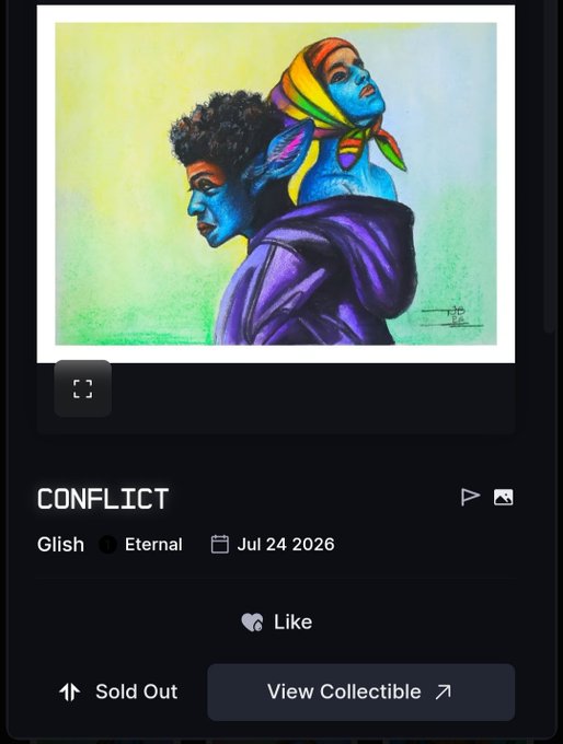 A digital collectible titled 'CONFLICT' by Glish (Eternal collection), dated Jul 24 2026, featuring a vibrant painting of two figures back-to-back with blue, purple, and rainbow-colored hues; the listing shows 'Sold Out' and 'View Collectible' buttons.