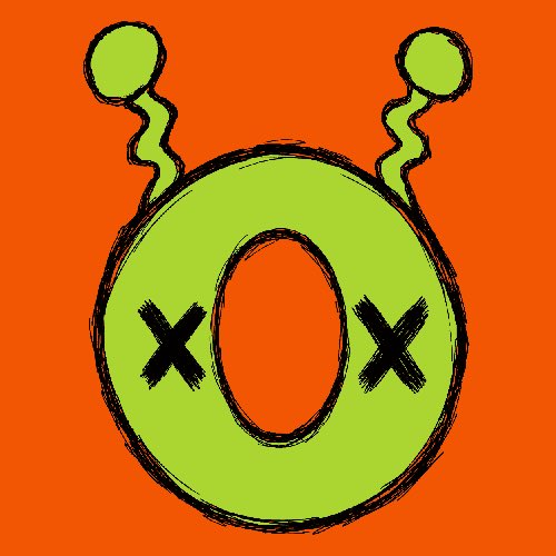 An illustration on an orange background depicts a green alien head with an orange "0" for a mouth and "X" marks for eyes, topped with two antennae.