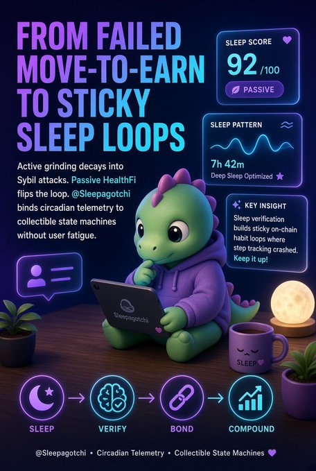 An infographic titled 'FROM FAILED MOVE-TO-EARN TO STICKY SLEEP LOOPS' featuring a green dinosaur mascot and explaining @Sleepagotchi's passive HealthFi sleep verification model.