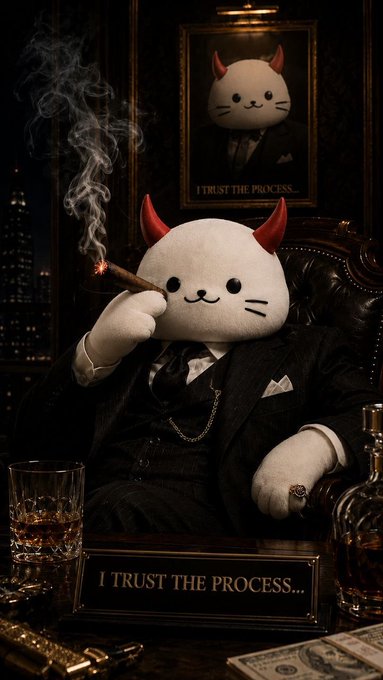 A surreal, dark illustration of a white cat-like character in a suit smoking a cigar, sitting in a leather chair with a portrait behind reading 'I TRUST THE PROCESS.' and a sign in front reading 'I TRUST THE PROCESS...'.