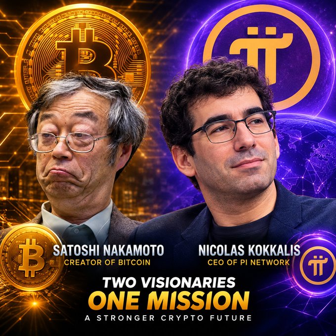 A promotional graphic featuring side-by-side portraits of Satoshi Nakamoto ('CREATOR OF BITCOIN') and Nicolas Kokkalis ('CEO OF PI NETWORK') with Bitcoin and Pi Network logos, captioned 'TWO VISIONARIES ONE MISSION - A STRONGER CRYPTO FUTURE'.