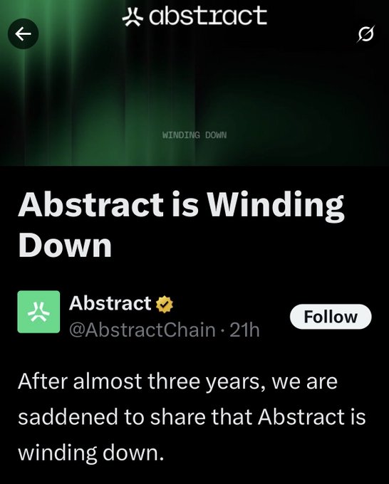 A screenshot of a social media post from 'Abstract' (@AbstractChain) announcing 'Abstract is Winding Down' after almost three years of operation.