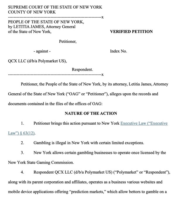 A verified petition filed by New York Attorney General Letitia James against QCX LLC (d/b/a Polymarket US) in the Supreme Court of the State of New York, alleging Polymarket operates as an unlicensed gambling business under New York Executive Law § 63(12). The filing directly supports the post's claim of an official legal action against Polymarket for running unlicensed prediction markets from New York.
