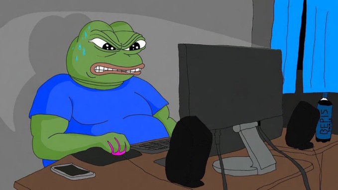 A cartoon illustration of a frustrated green Pepe-style character sweating intensely while using a computer, with a phone and a Pepsi bottle on the desk.