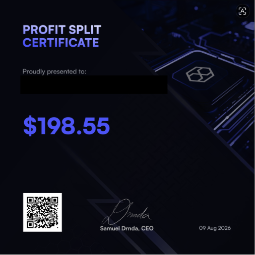 A digital "Profit Split Certificate" proudly presented to a recipient (name redacted) for $198.55, signed by Samuel Drmda, CEO, dated 09 Aug 2026, with a QR code for verification—visually corroborating the poster's claim of a smooth, professional payout from @hyrotrader_com.