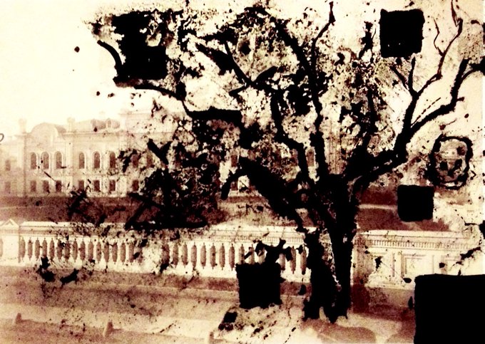 An artistic, textured photograph of a silhouetted tree in the foreground with a faint classical building and balustrade visible in the background, overlaid with dark, abstract rectangular shapes.