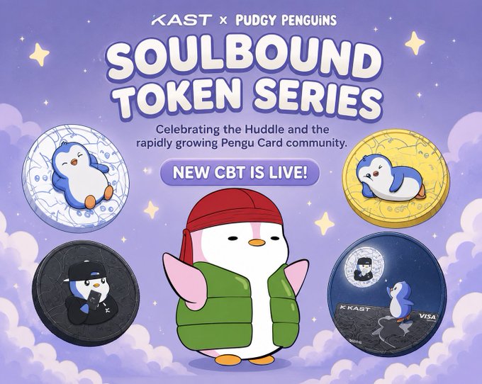 This image features a penguin-themed merchandise poster for the Soulbound token series, promoting the release of the new CBT live feature. There are six distinct penguins of different sizes and colors displayed on the poster, each with their own unique style and appearance. In total, there are seven coins in the scene: three gold ones and four black ones scattered across the image.

The post also mentions that "the @pudgypenguins x @KASTxyz SBTs just dropped! Standard: $10 Black: $100 Gold: $1000 Time until 7 July!". This indicates a limited time offer for those interested in purchasing the Soulbound tokens, with prices set at $10 and $100 each.