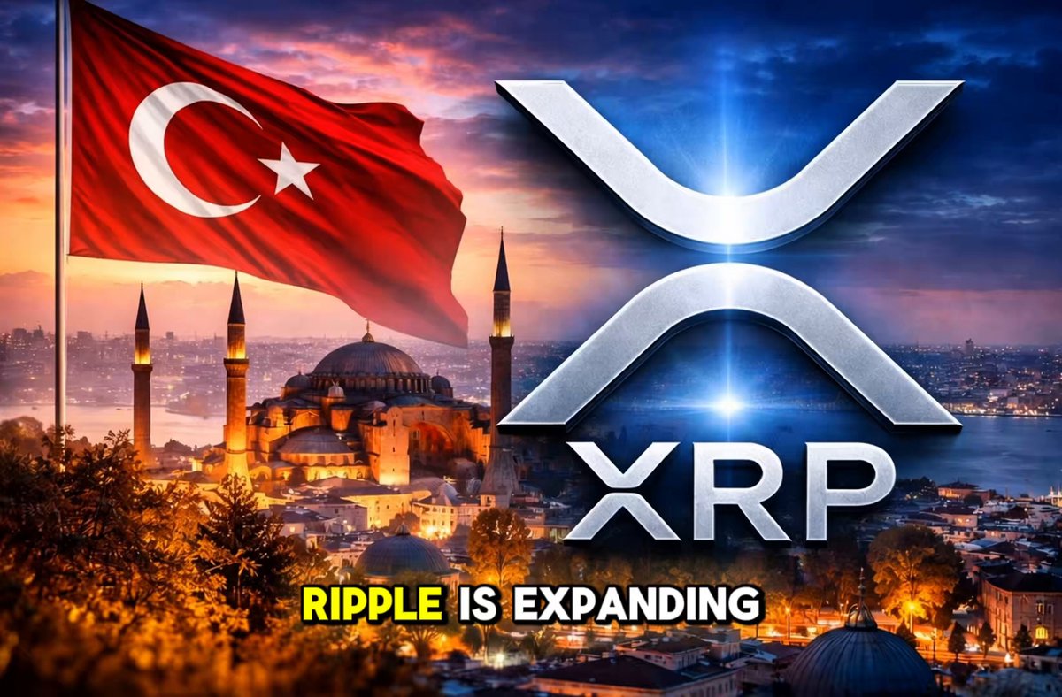 The image features a large red flag with a white crescent moon, set against a blue sky backdrop. The text "RLUSD IN TÜRKIYE Ripple’s RLUSD is now available in Türkiye through BiLira Kripto, Bitexen and Bitlo." indicates that the image is related to Ripple's expansion into Turkey. The flag represents the currency of the country, while the text highlights the global reach of Ripple's services.