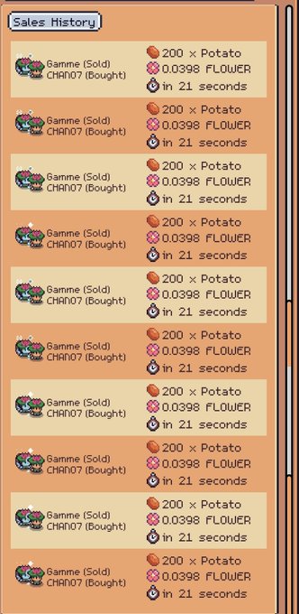 A 'Sales History' screen from a game showing repeated transactions where 'Gamme' sold '200 x Potato' and bought '0.0398 FLOWER' in 21 seconds each.