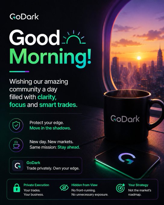 A promotional 'Good Morning!' graphic from GoDark featuring a coffee mug and phone, with messaging about private trading, including 'Protect your edge. Move in the shadows.' and 'Trade privately. Own your edge.'