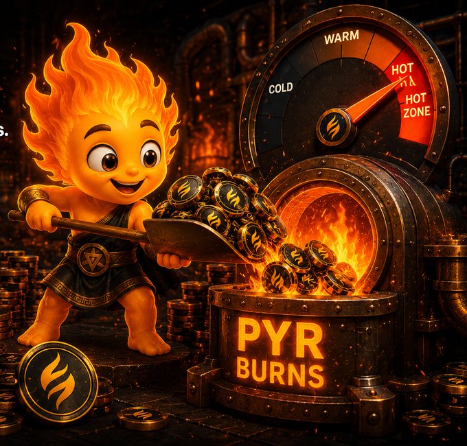 A cartoon fire character with a flame head shovels branded coins into a furnace labeled 'PYR BURNS', with a gauge showing 'COLD', 'WARM', and 'HOT ZONE' in the background.